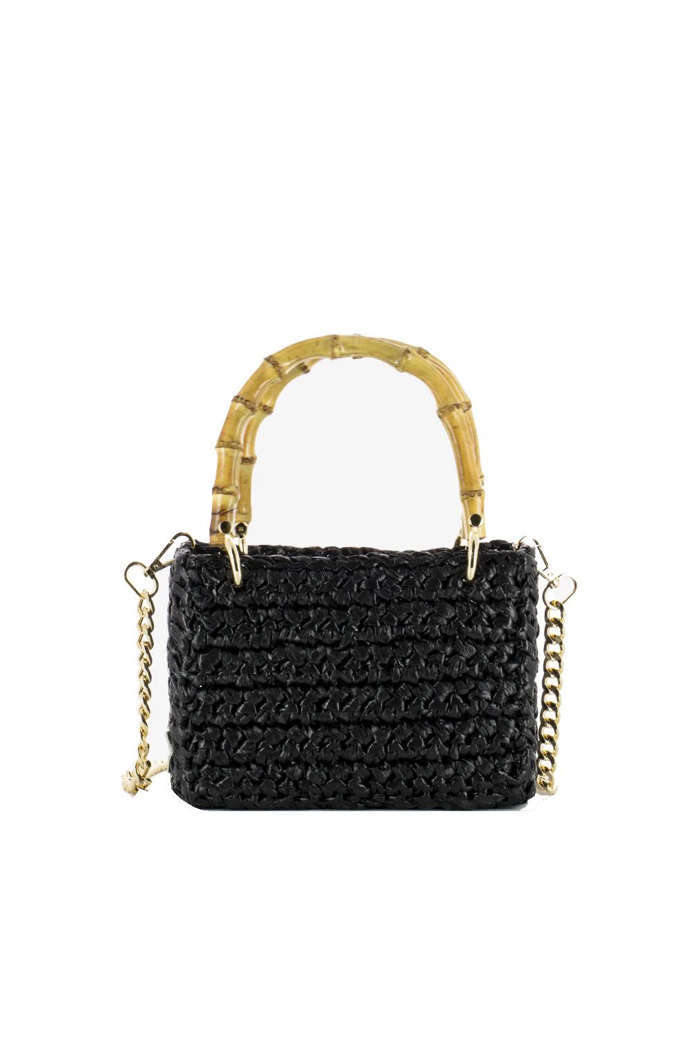 mini bag in woven raffia rectangular shape, two shiny bamboo handles and gold metal hooks with shoulder strap
