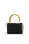 mini bag in woven raffia rectangular shape, two shiny bamboo handles and gold metal hooks with shoulder strap