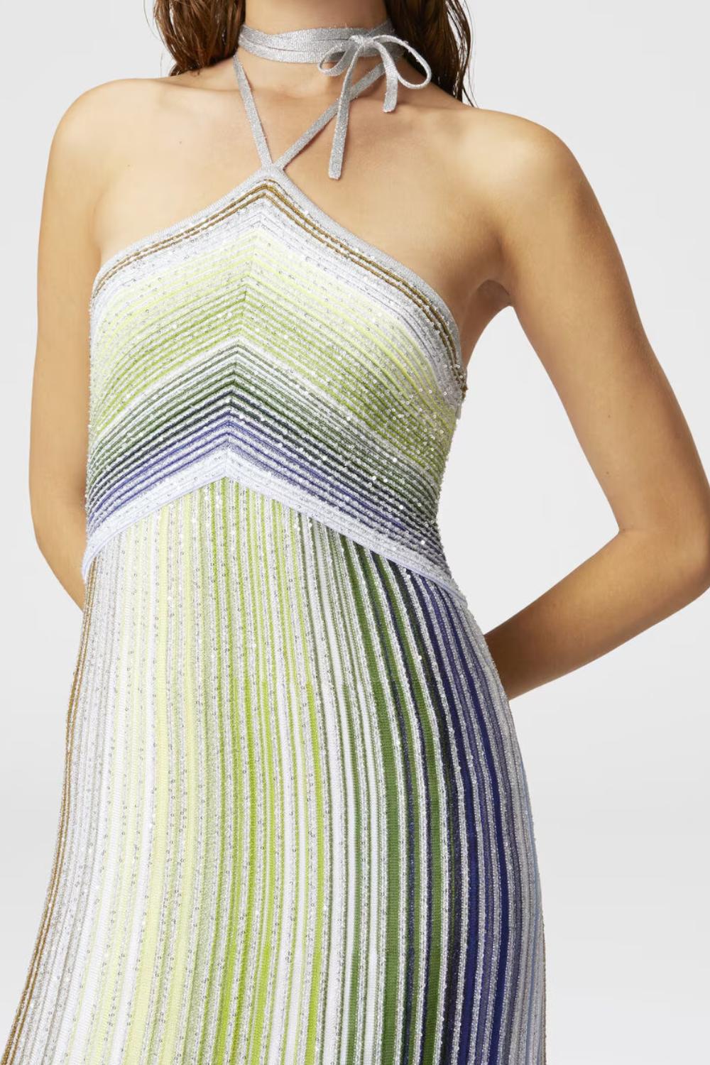 Abito lungo parzializzato a righe con paillettes e allacciatura al collo<BR/> DS25SG13 BK042DSM9N9 Missoni 