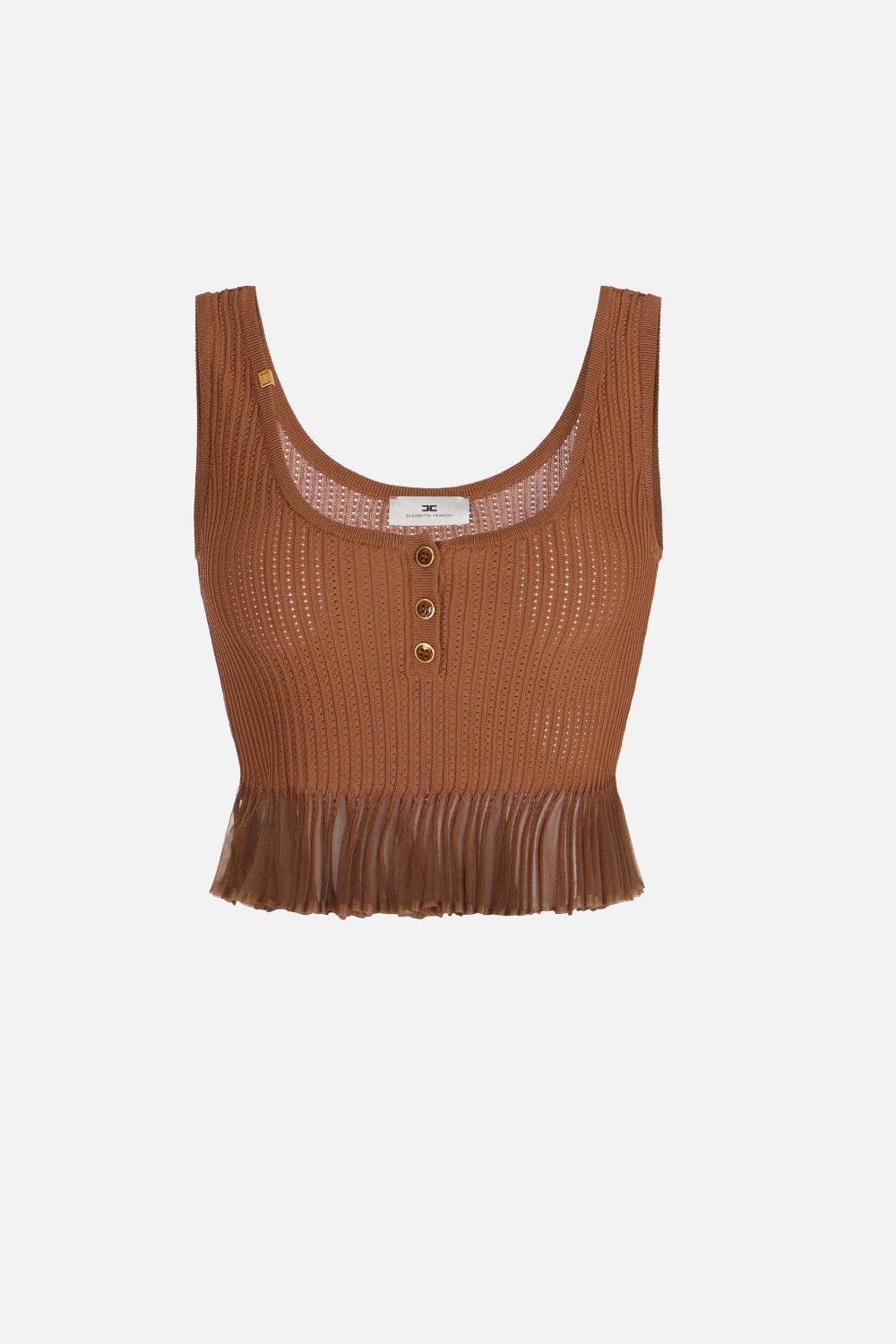 Top Smanicato Elisabetta Franchi in Maglia con Scollo Rotondo e Dettagli Plissé TK74B 61E2600 Elisabetta Franchi 