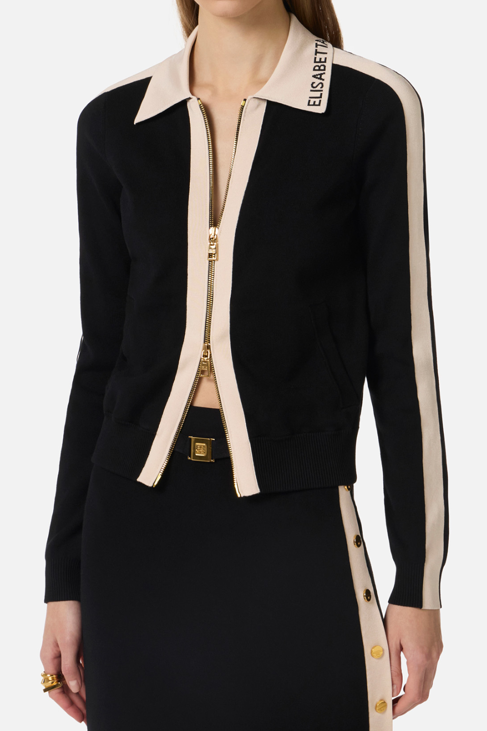 Giacca Elisabetta Franchi in Maglia con Zip Dorata, Jacquard e Bande a Contrasto MK66S 61E2685 Elisabetta Franchi 