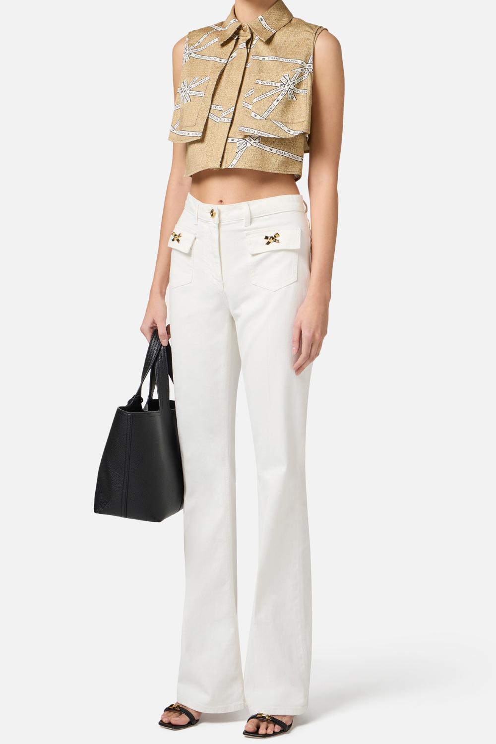 Camicia in cotone con stampa rafia e nastro<BR/> CA125 52E2BE1 Elisabetta Franchi 