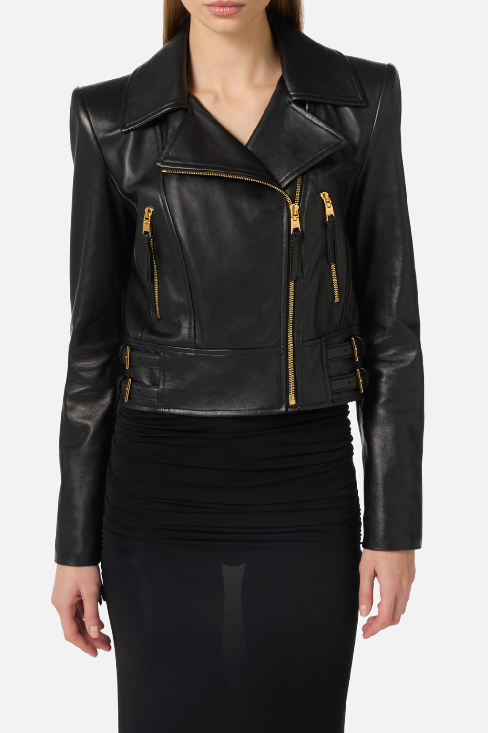 Chiodo Elisabetta Franchi in Pelle con Zip Asimmetrica e Dettagli Dorati GD57Z 61E2110 Elisabetta Franchi 