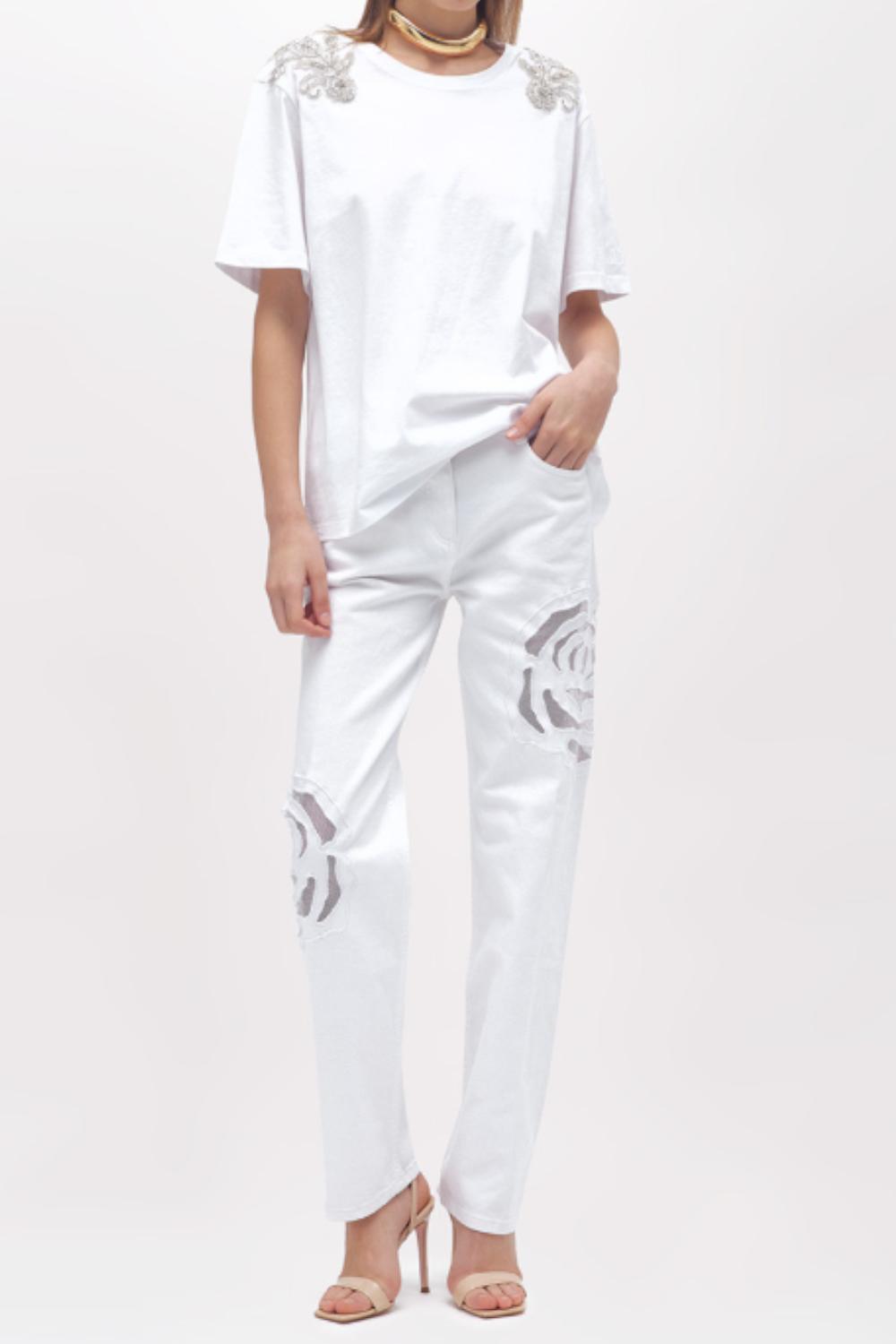 PANTALONI IN GABARDINA CON ROSE INTAGLIATE<BR/> RA5116 T691014300 Blugirl 