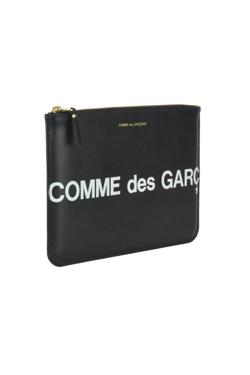 Pochette Comme des Garçons in Pelle Nera  Logo Stampato con Zip Oro SA5100HL1 NERO Comme Des Garçons 