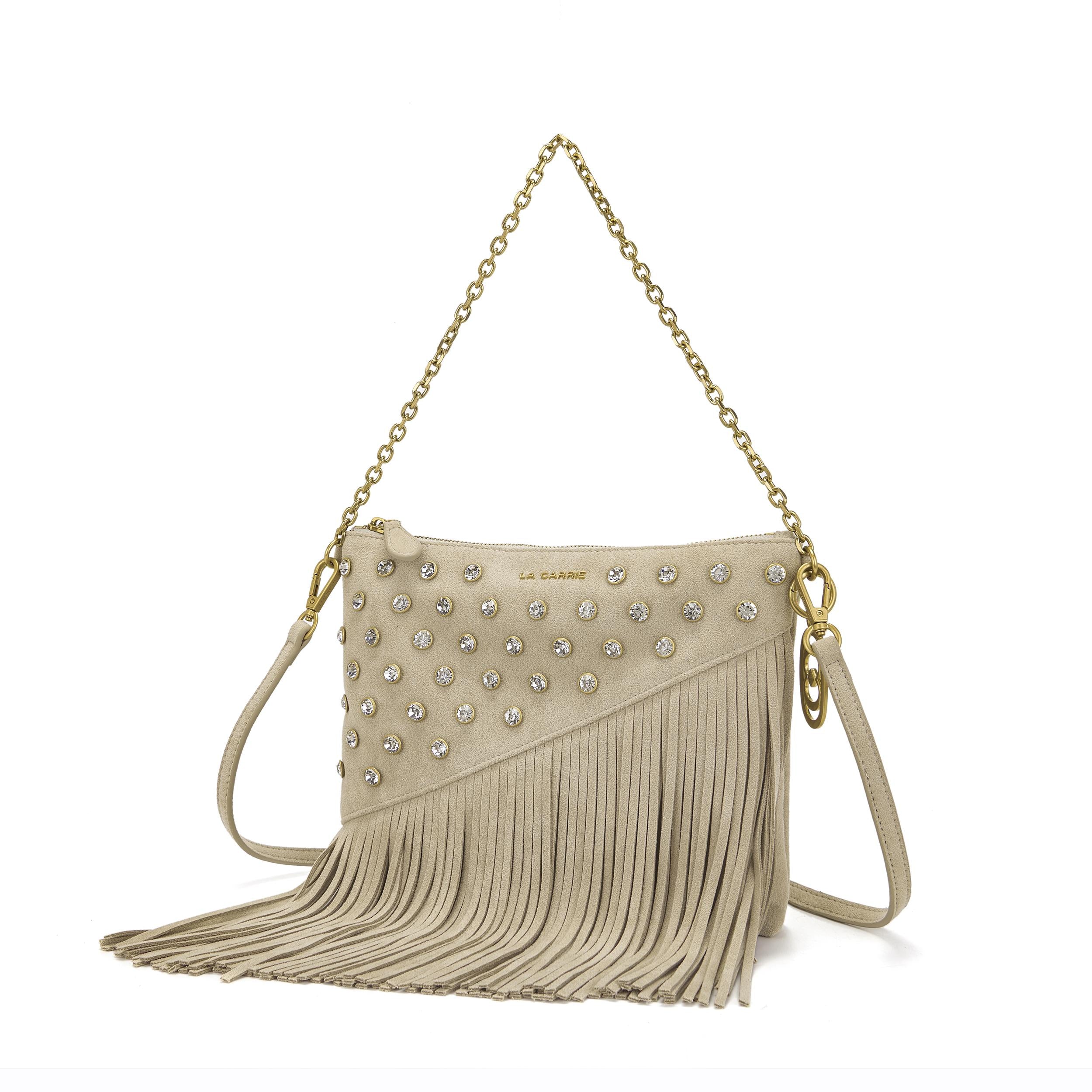 NIGHT ED. FRINGES&STRASS POCHETTE MICROFIBER 161M-KY-813-MIF /BEI La Carrie 
