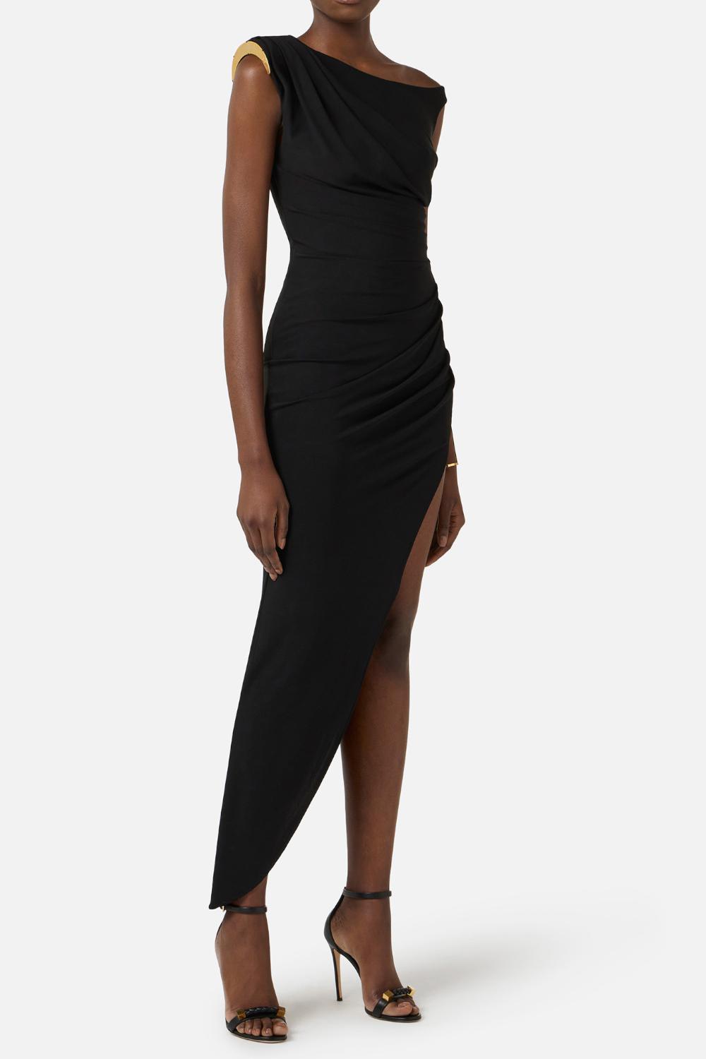 Abito Monospalla Elisabetta Franchi in Jersey Crêpe con Spacco Asimmetrico AB906 61E2110 Elisabetta Franchi 