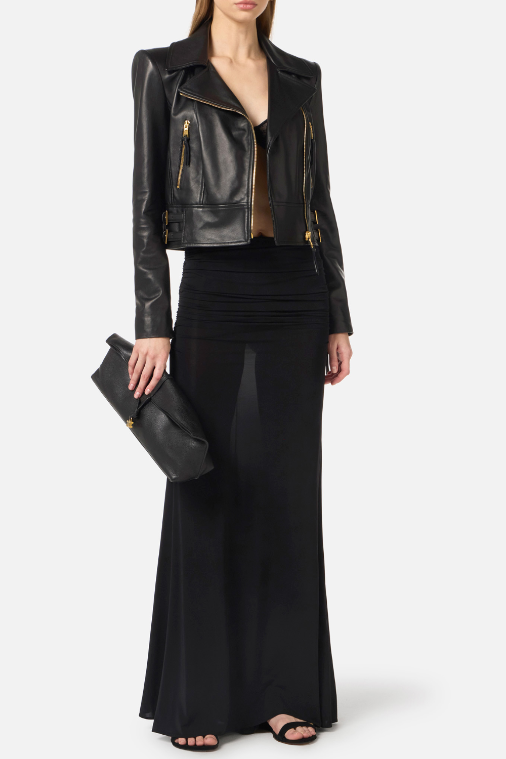 Chiodo Elisabetta Franchi in Pelle con Zip Asimmetrica e Dettagli Dorati GD57Z 61E2110 Elisabetta Franchi 