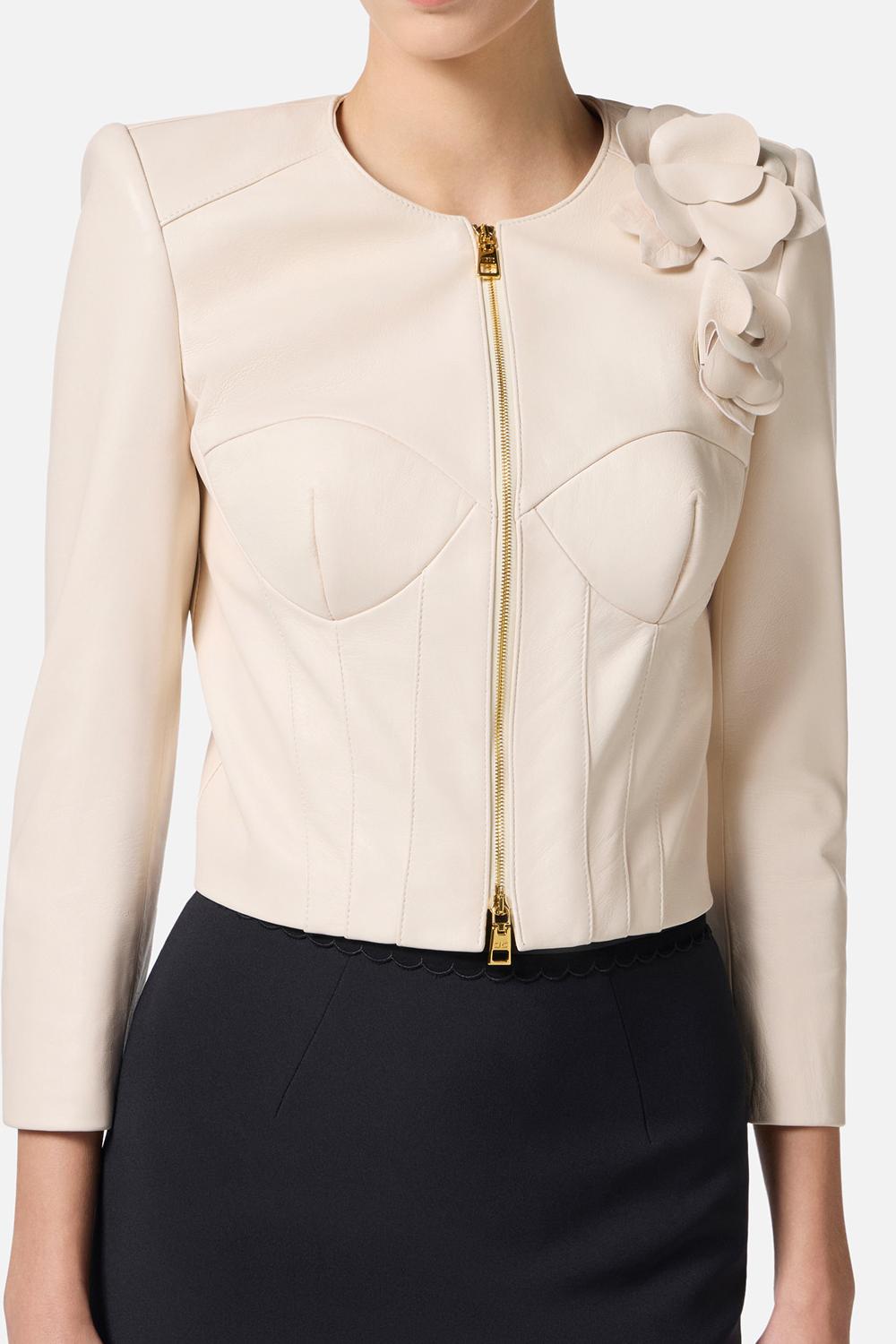 Giacca in pelle con fiori applicati<BR/> GD45Z 51E2193 Elisabetta Franchi 