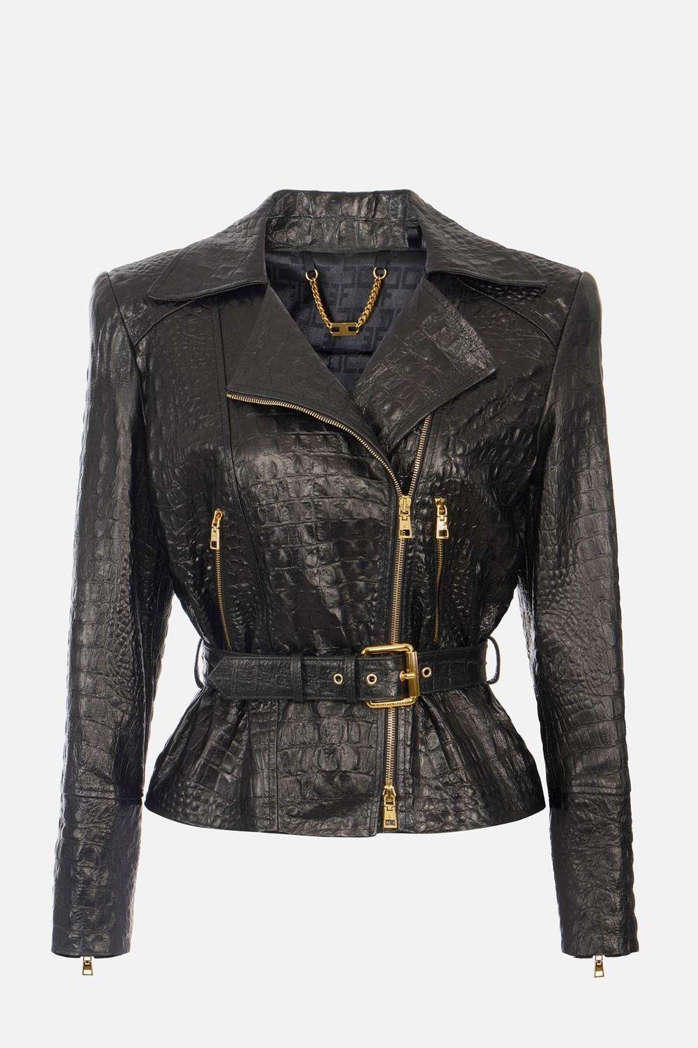 Giacca biker in pelle con stampa cocco<BR/> GD54Z 58E2110 Elisabetta Franchi 