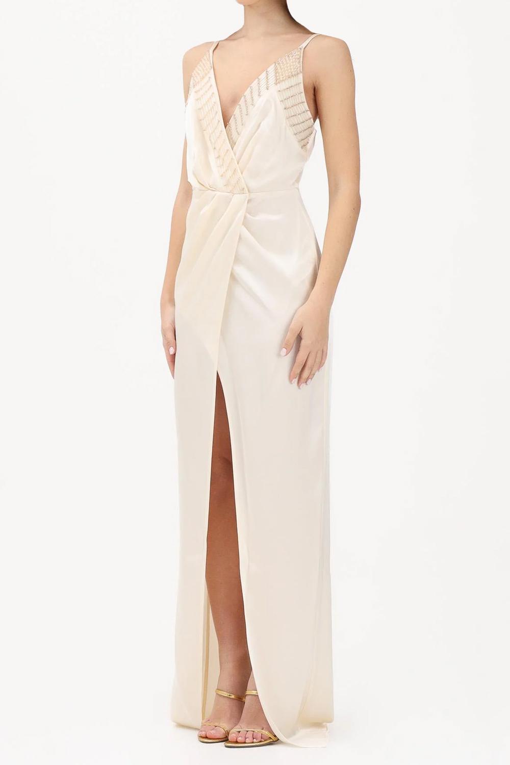 Abito lungo burro con scollo incrociato e ricami di perline ABR48 62E2193 Elisabetta Franchi 