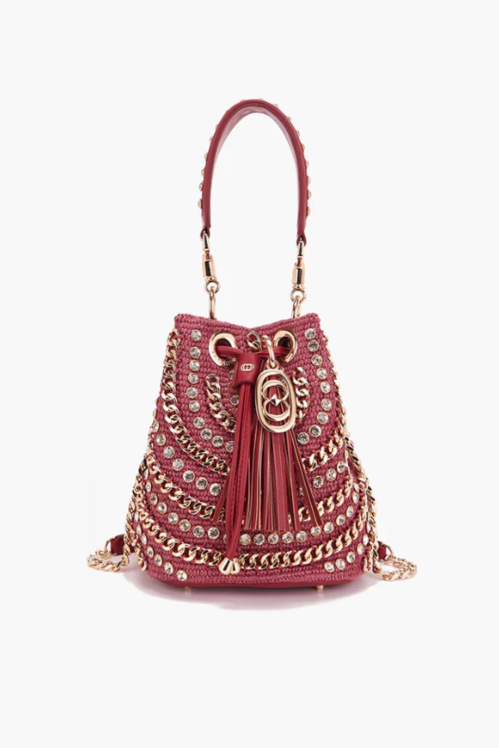borsa a secchiello grande in rafia con applicazioni in catena in metallo dorato e borchiette in metallo con pietre 151C-EM-907-RSY -MARSALA La Carrie 
