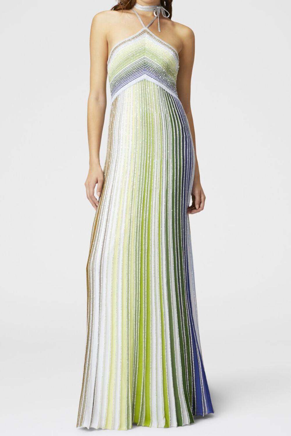 Abito lungo parzializzato a righe con paillettes e allacciatura al collo<BR/> DS25SG13 BK042DSM9N9 Missoni 