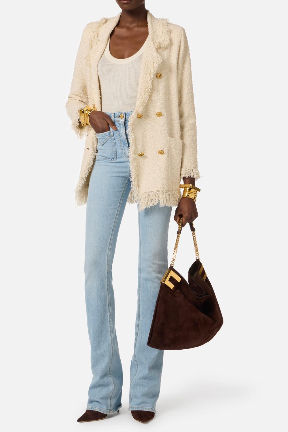 Pantaloni Elisabetta Franchi in Denim a Zampetta con Dettagli Dorati<BR/> PJ24N 61E2192 Elisabetta Franchi 